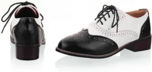 Women's Lace Up Oxfords Shoes Round Toe Low Chunky Heel Block Perforated Wingtip Brogues Casual Comfortable Patchwork Derby Saddle Pumps