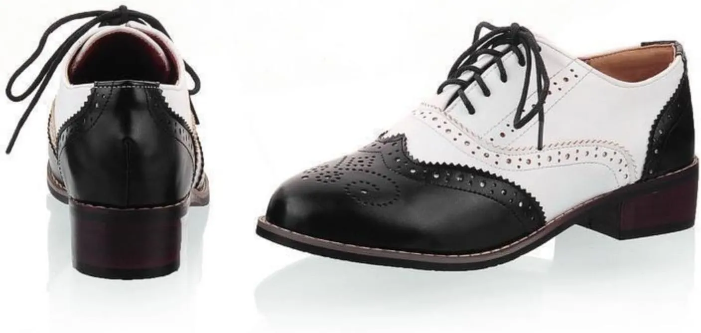 Women's Lace Up Oxfords Shoes Round Toe Low Chunky Heel Block Perforated Wingtip Brogues Casual Comfortable Patchwork Derby Saddle Pumps