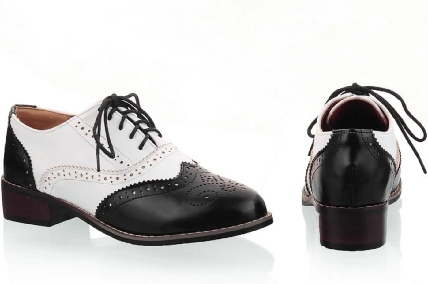 Women's Lace Up Oxfords Shoes Round Toe Low Chunky Heel Block Perforated Wingtip Brogues Casual Comfortable Patchwork Derby Saddle Pumps
