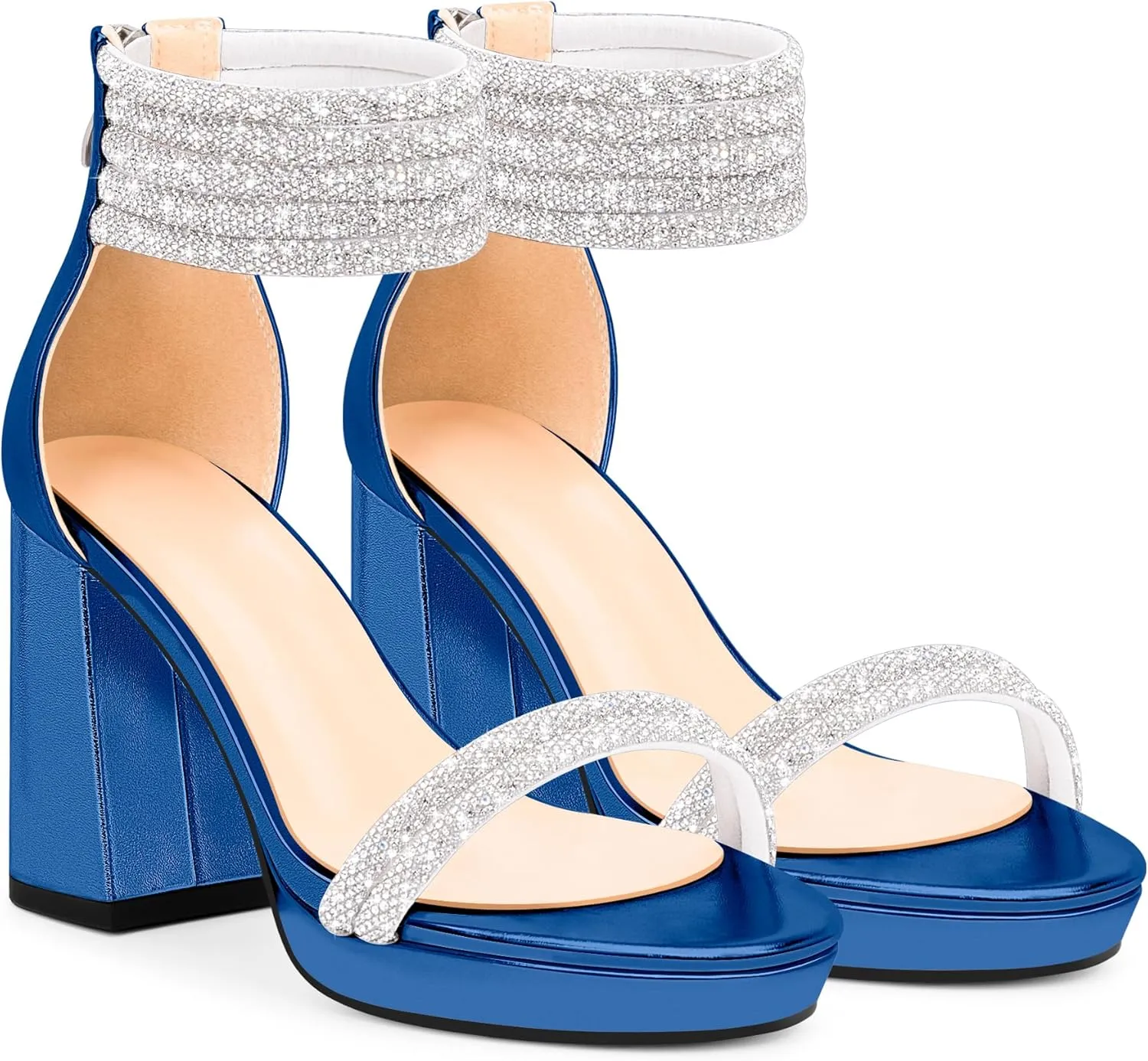 Women's Rhinestone Platform Chunky High Heeled Sandals Open Toe Ankle Strap Sexy Wedding Dress Shoes