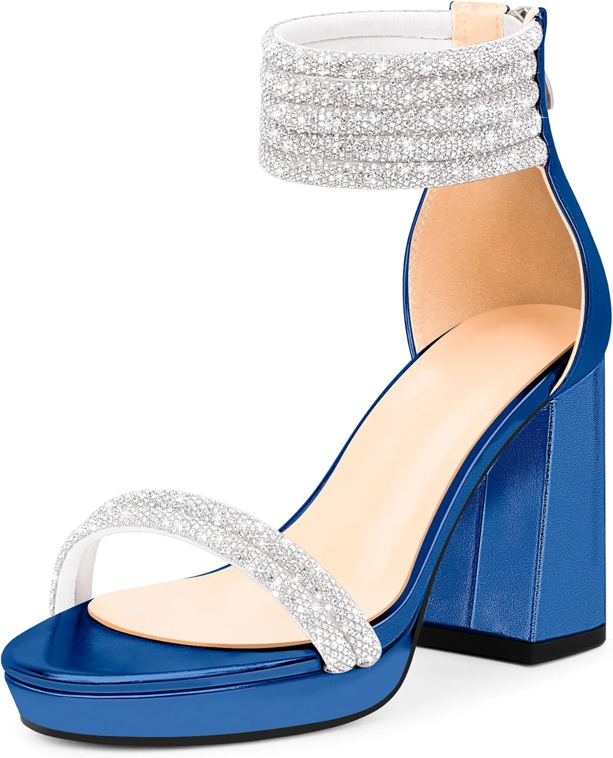 Women's Rhinestone Platform Chunky High Heeled Sandals Open Toe Ankle Strap Sexy Wedding Dress Shoes