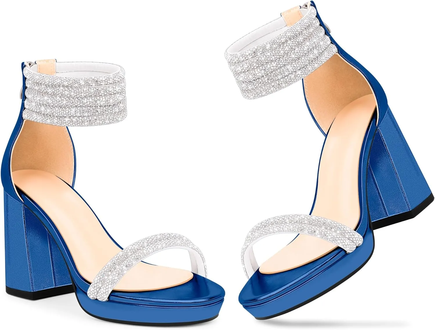 Women's Rhinestone Platform Chunky High Heeled Sandals Open Toe Ankle Strap Sexy Wedding Dress Shoes