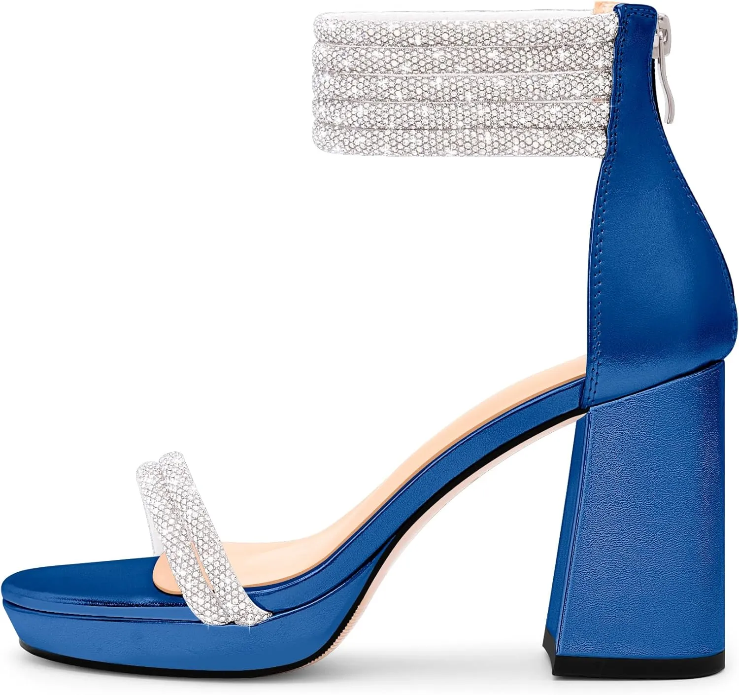 Women's Rhinestone Platform Chunky High Heeled Sandals Open Toe Ankle Strap Sexy Wedding Dress Shoes