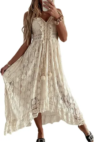 Women's Spaghetti Strap Deep V Neck Lace Hem Maxi Dresses Sleeveless Backless Boho Tassel Beach Ruffle Swing Dresses