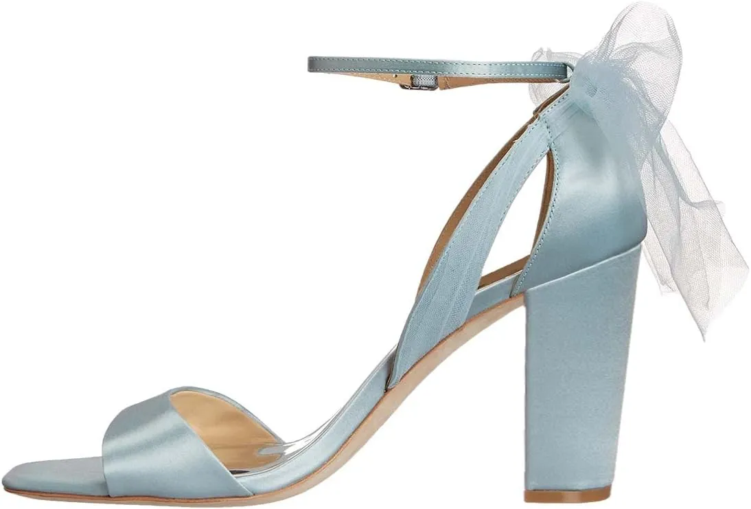 XYD Women Satin Sandals Open Toe Bridal Wedding Shoes Block High Heels with Rear Mesh Bow Ankle Strap Prom Party Pumps