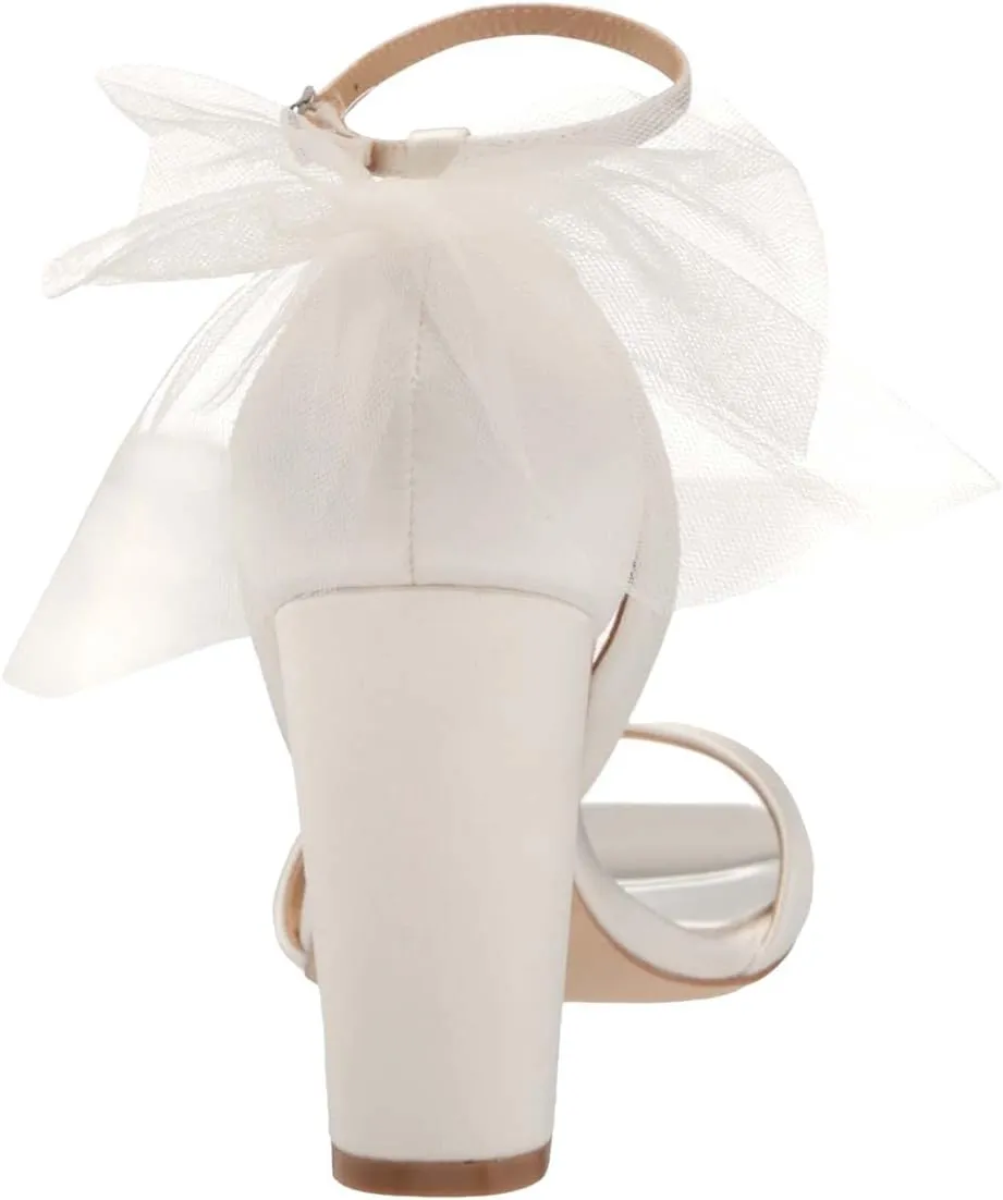 XYD Women Satin Sandals Open Toe Bridal Wedding Shoes Block High Heels with Rear Mesh Bow Ankle Strap Prom Party Pumps