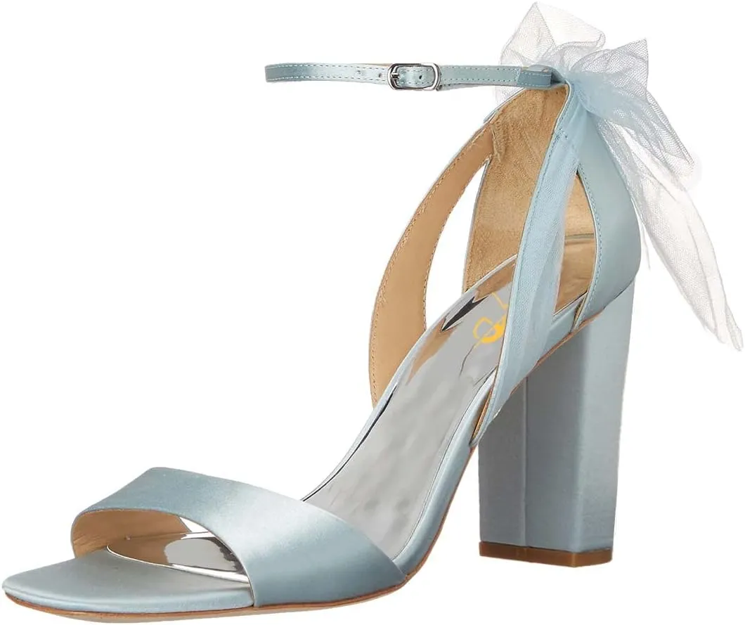 XYD Women Satin Sandals Open Toe Bridal Wedding Shoes Block High Heels with Rear Mesh Bow Ankle Strap Prom Party Pumps