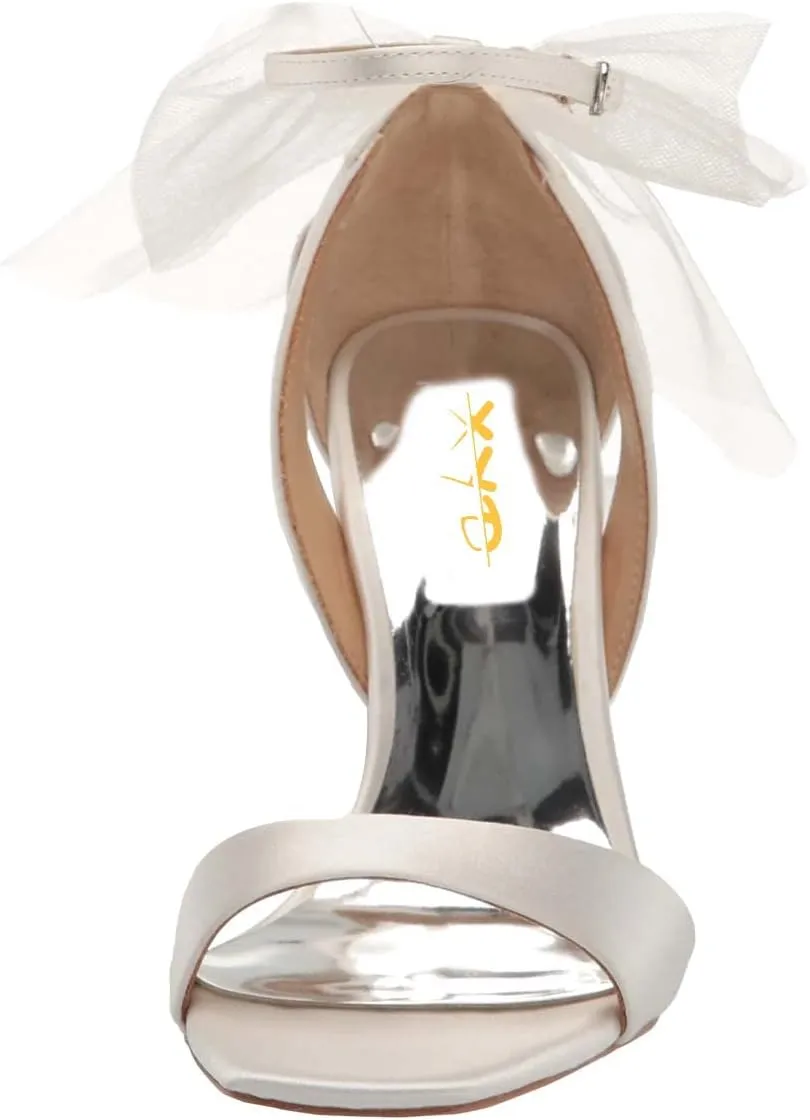 XYD Women Satin Sandals Open Toe Bridal Wedding Shoes Block High Heels with Rear Mesh Bow Ankle Strap Prom Party Pumps