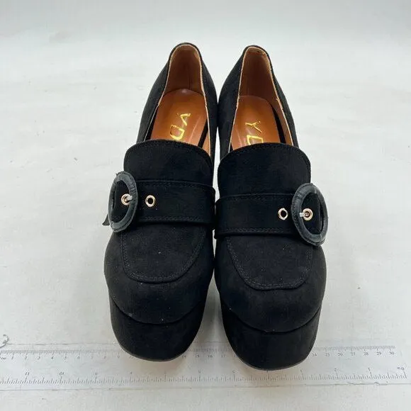 YDN Women Chunky High Heels Square Toe Loafer Shoes Slip On Suede Office  Black