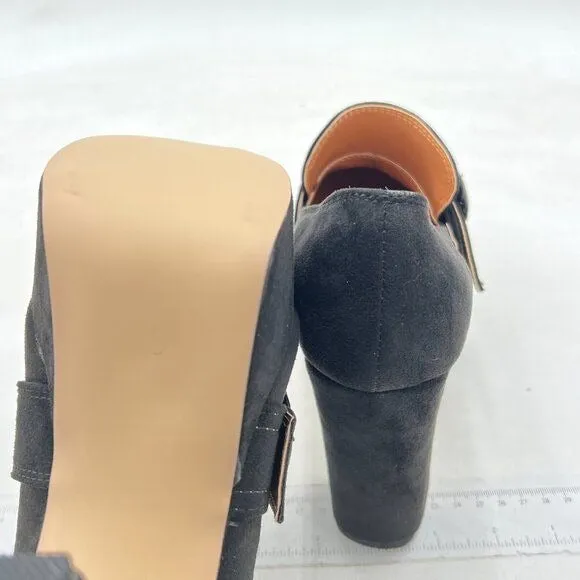 YDN Women Chunky High Heels Square Toe Loafer Shoes Slip On Suede Office  Black