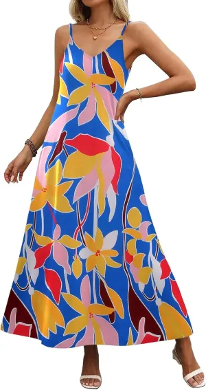 Zeagoo Womens Summer Maxi Dress Spaghetti Strap Casual Printed Dress Boho Floral Beach Sundress,