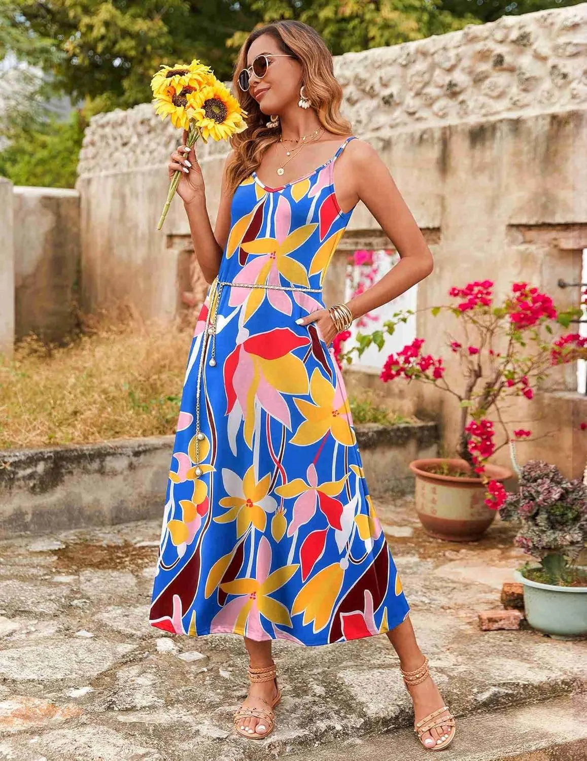 Zeagoo Womens Summer Maxi Dress Spaghetti Strap Casual Printed Dress Boho Floral Beach Sundress,