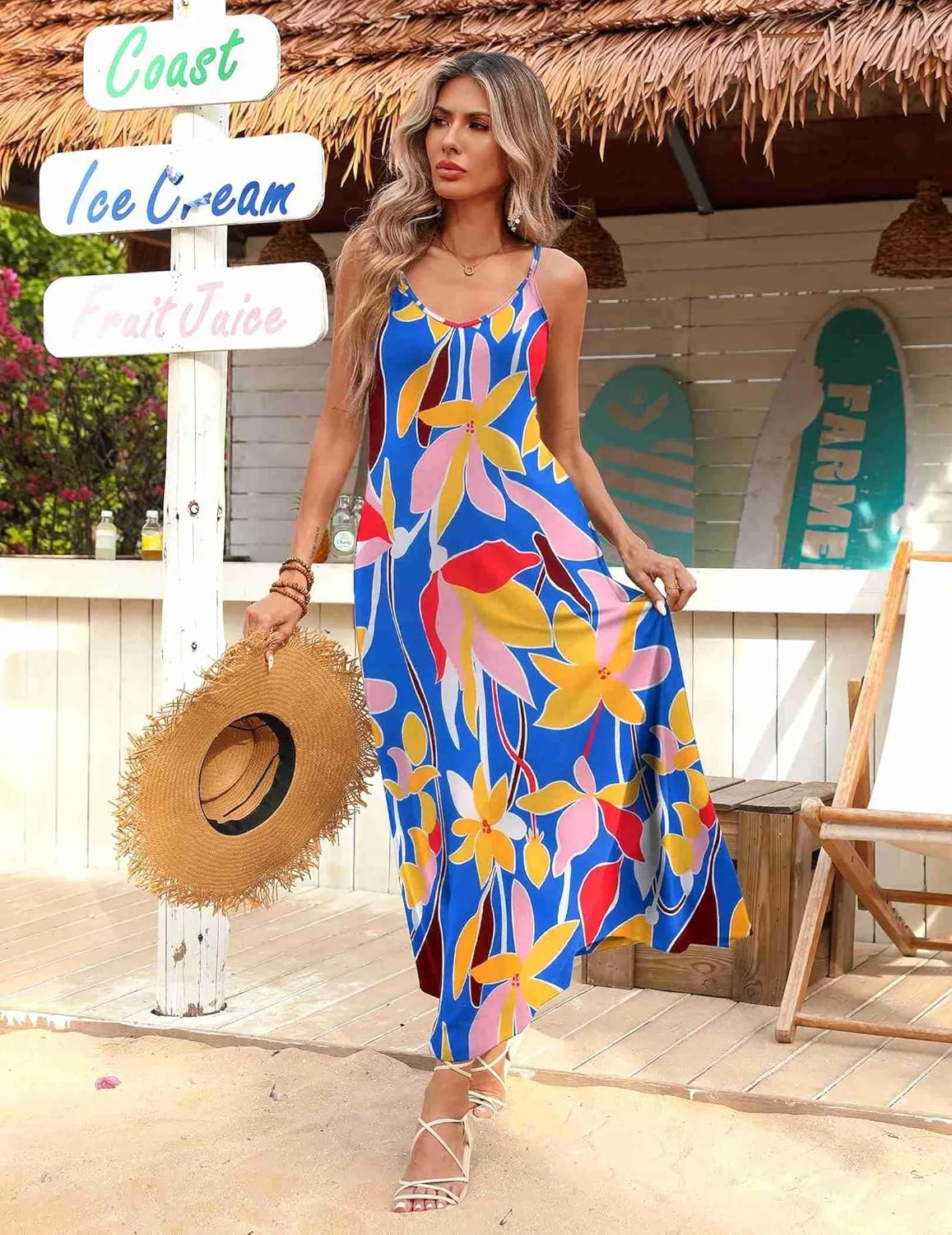Zeagoo Womens Summer Maxi Dress Spaghetti Strap Casual Printed Dress Boho Floral Beach Sundress,