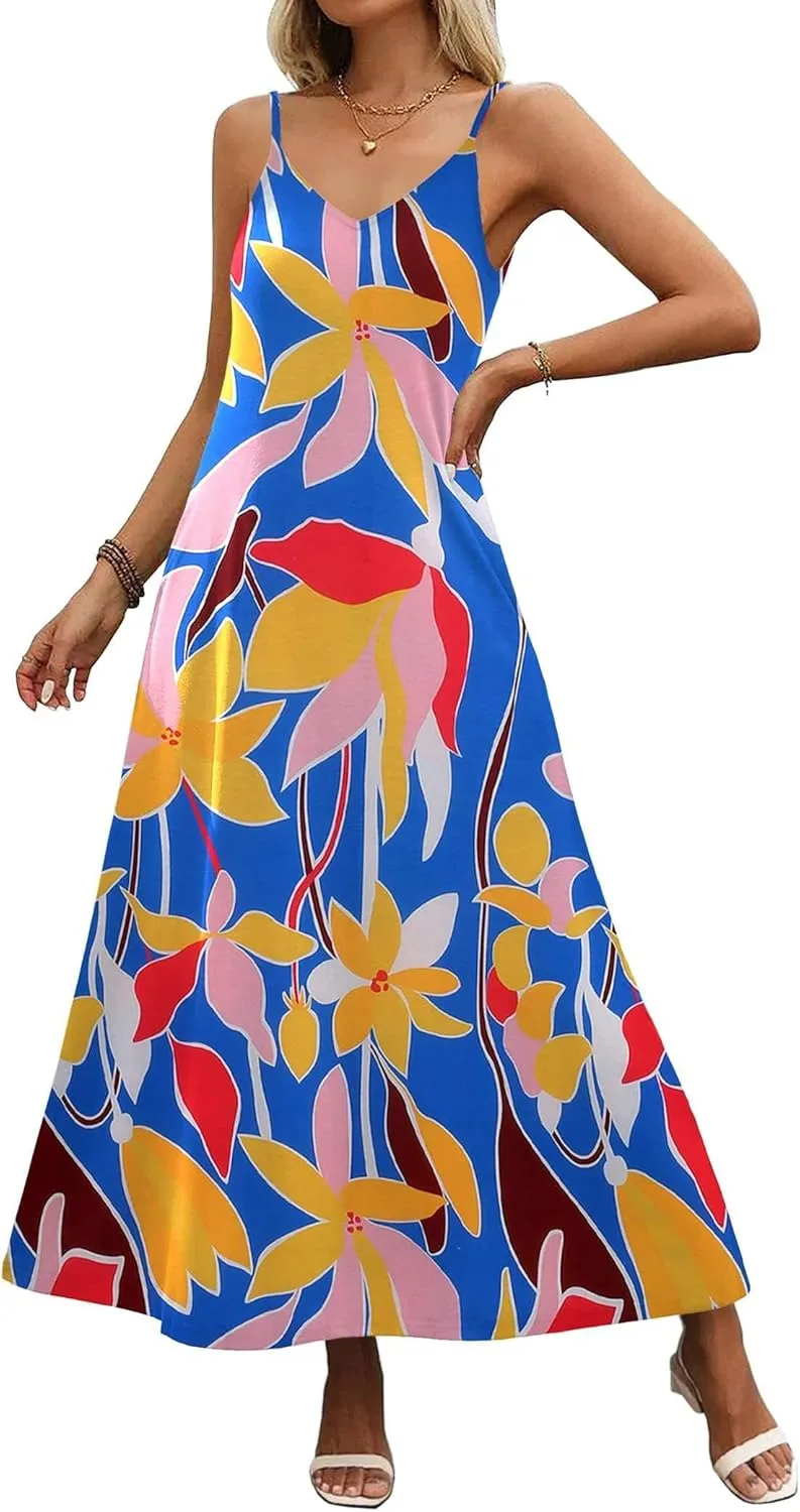 Zeagoo Womens Summer Maxi Dress Spaghetti Strap Casual Printed Dress Boho Floral Beach Sundress,